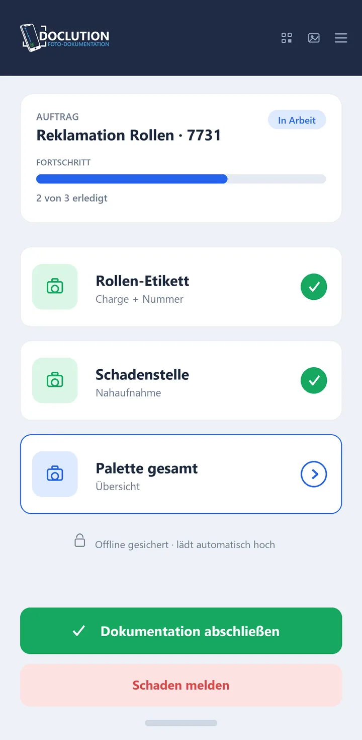 Doclution App – Reklamation Rollen